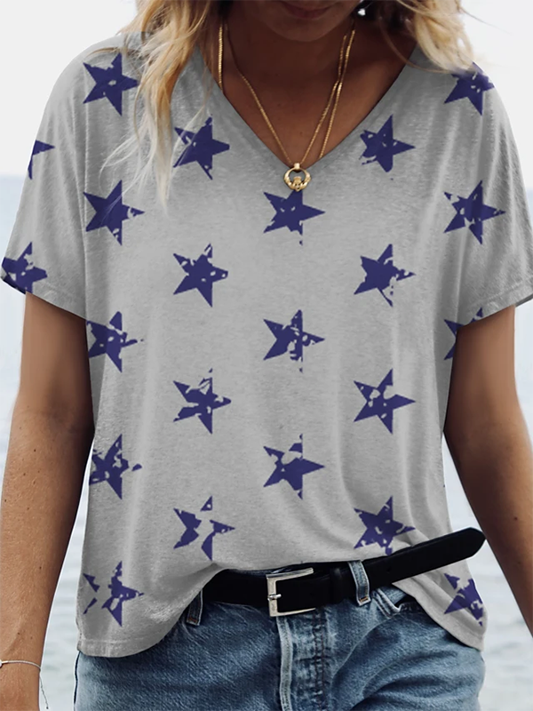 Printed V Neck Casual Short Sleeve Top
