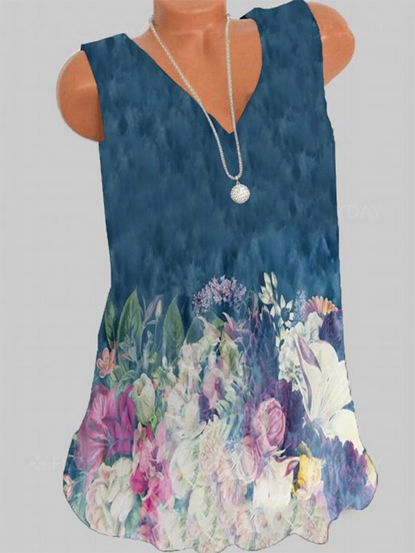 V Neck Floral-print Sleeveless Casual Top