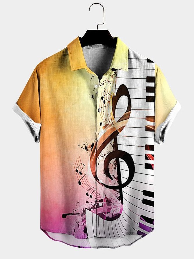 Mens Music Note Print Lapel Casual Loose Short Sleeve Hawaiian Shirt ...