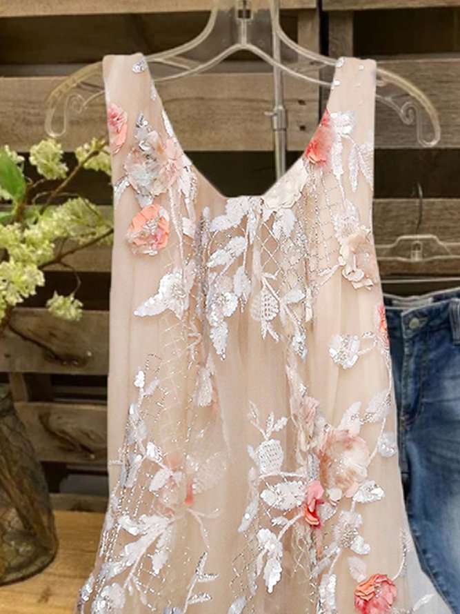 Floral  Sleeveless  Printed  Polyester  Crew Neck Elegant  Summer  Beige Top