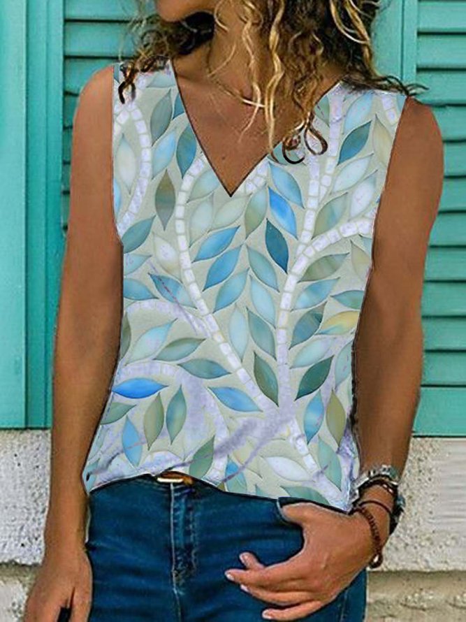 Leaves  Sleeveless  Printed  Cotton-blend  V neck  Casual  Summer Blue Top