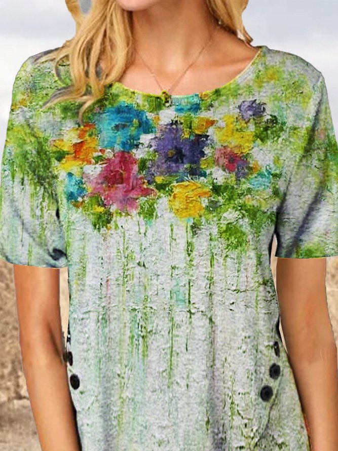 Floral Cotton-Blend Casual Short Sleeve Floral-Print T-shirt