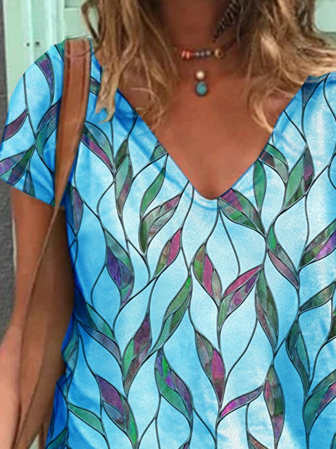 Women Leaves  Short Sleeve Printed  V neck  Vintage Summer  Blue Top