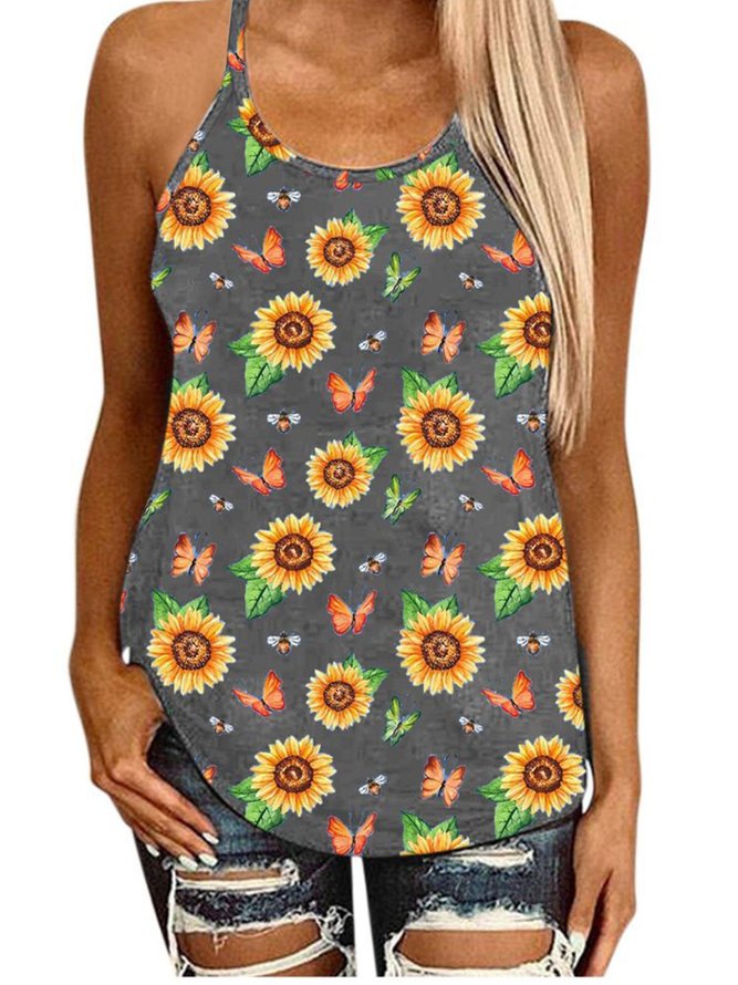 Vintage Butterflies Sunflowers Printed Plus Size Sleeveless Casual Tops ...