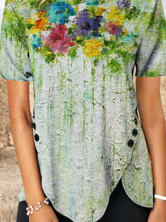 Floral Cotton-Blend Casual Short Sleeve Floral-Print T-shirt