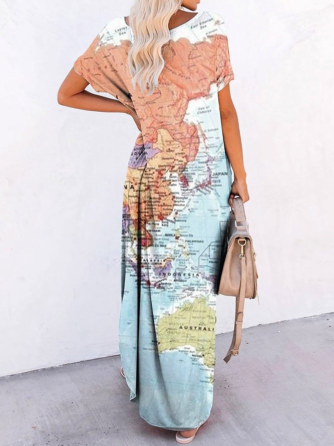 World Map Printing Casual Short Sleeve Maxi Dress  zolucky