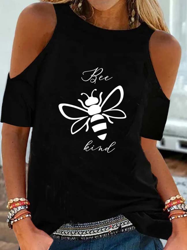 Animal  Short Sleeve Printed  Cotton-blend Off Shoulder Cold Shoulder  Casual  Summer  Black Top