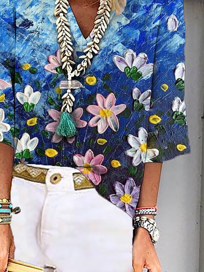 3/4 Sleeve Casual Shift Floral Tops
