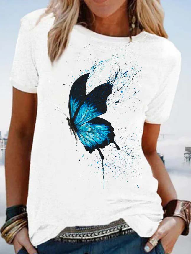 Butterfly Short Sleeve Printed Cotton-blend Crew Neck Casual Summer White Top | zolucky