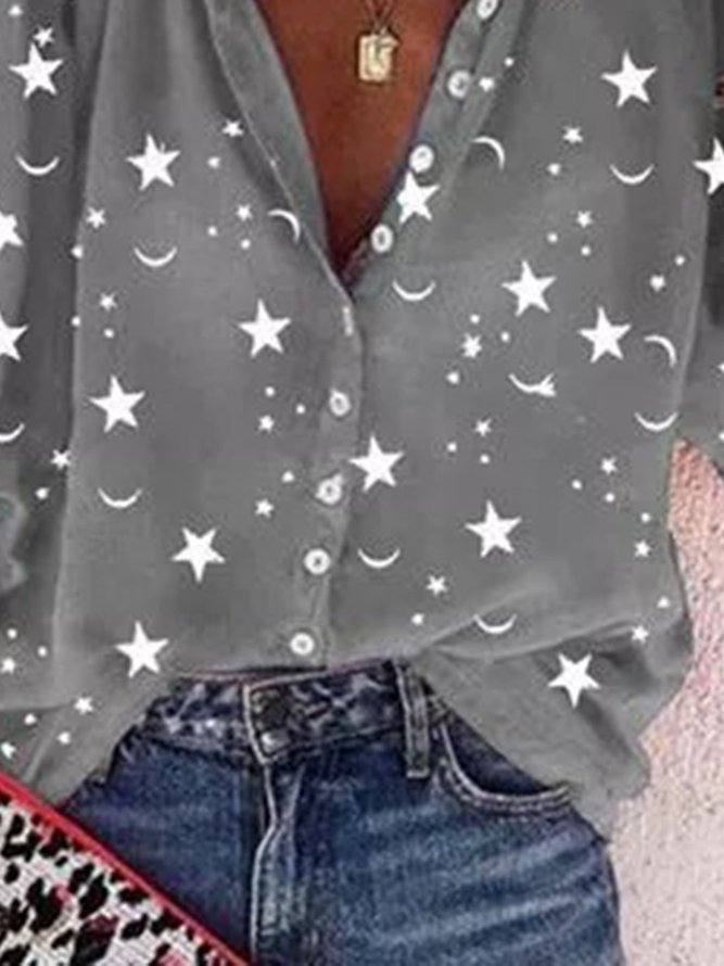 Gray Star&Moon Printed Stand Collar Half Sleeve Casual Shift Top