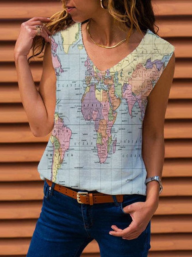 Map of World Printed Sleeveless Casual Shift T-shirt