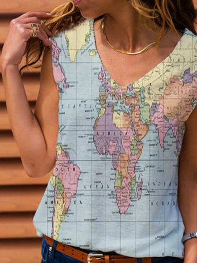 Map of World Printed Sleeveless Casual Shift T-shirt