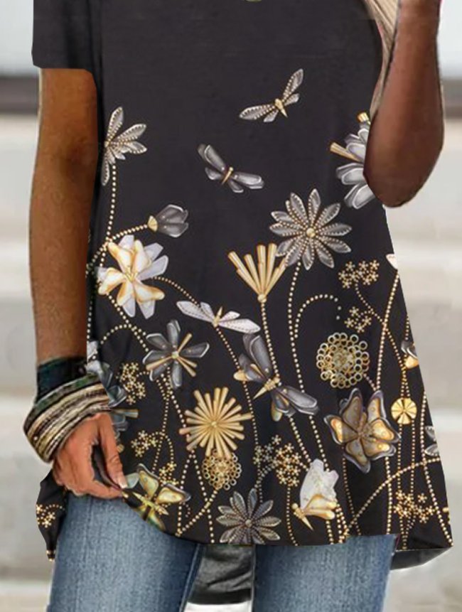 Floral  Short Sleeve  Printed  Cotton-blend  Crew Neck Vintage Summer  Black Top