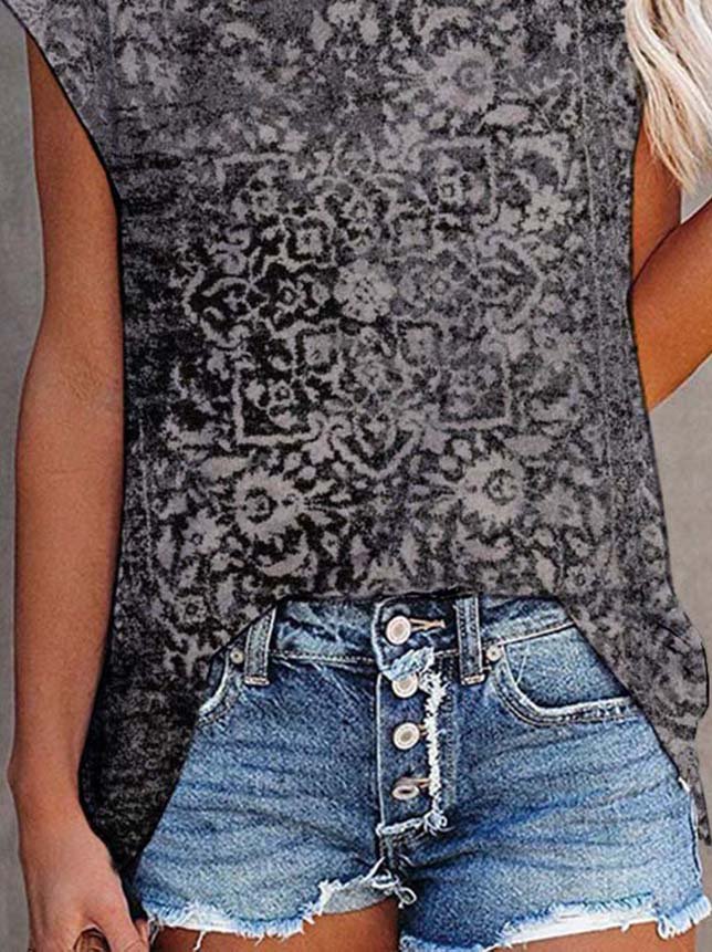 Paisley  Short Sleeve  Printed  Cotton-blend  Crew Neck  Vintage  Summer  Black Top