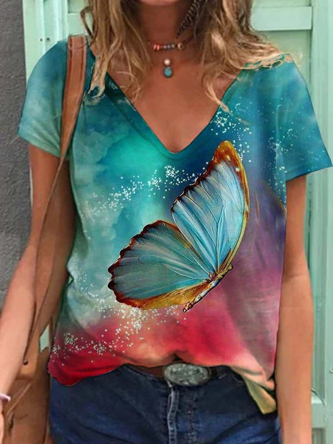 Ombre/Tie-Dye Butterfly Short Sleeve Printed Cotton-blend V neck Casual ...