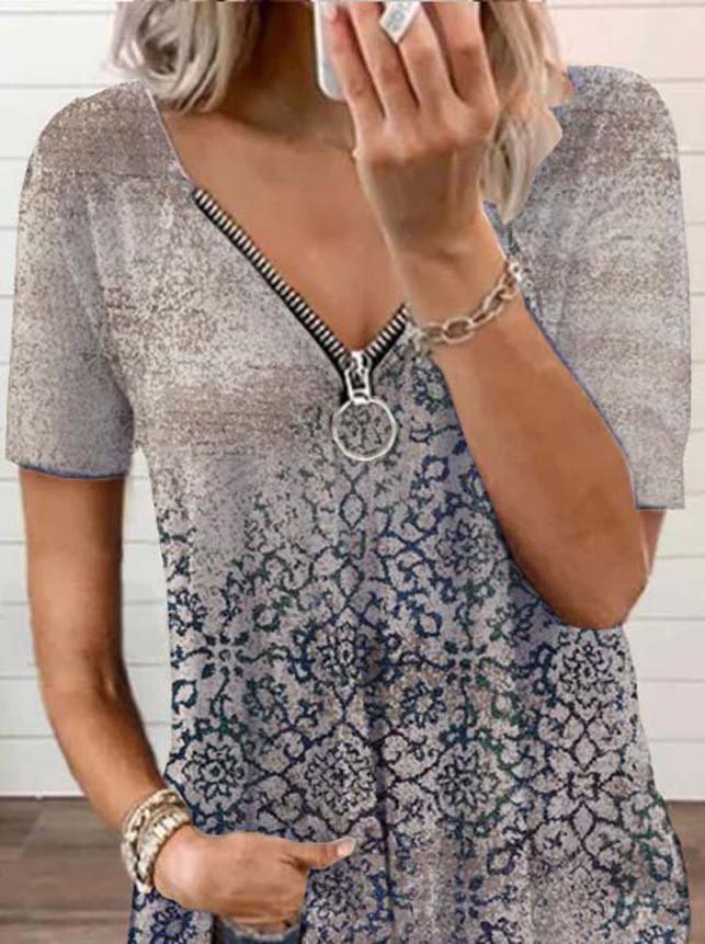 Paisley Short Sleeve Printed  Cotton-blend  V neck Casual Summer  Gray Top