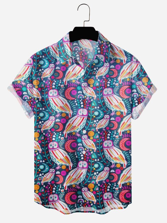 Mens Owls Floral Print Lapel Casual Loose Short Sleeve Hawaiian Shirt