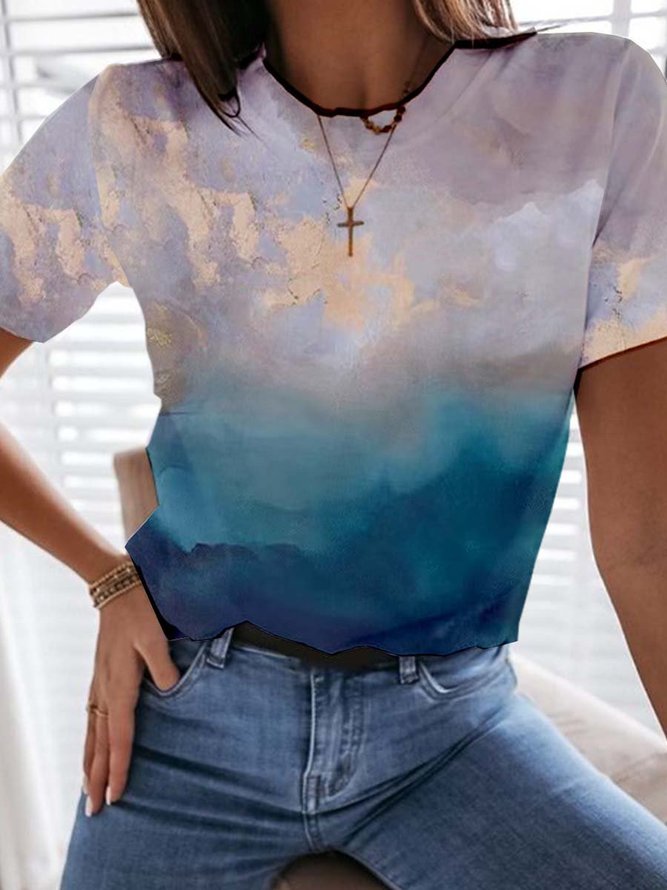 Ombre/Tie-Dye  Short Sleeve  Printed  Cotton-blend  Crew Neck  Casual  Summer  Blue Top