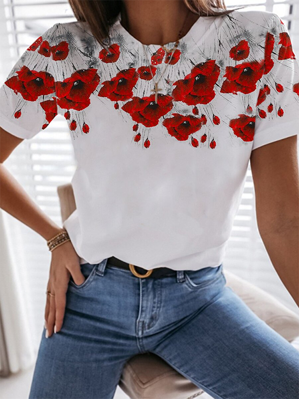 Crew Neck Resort Short Sleeve Floral-Print T-shirt | zolucky