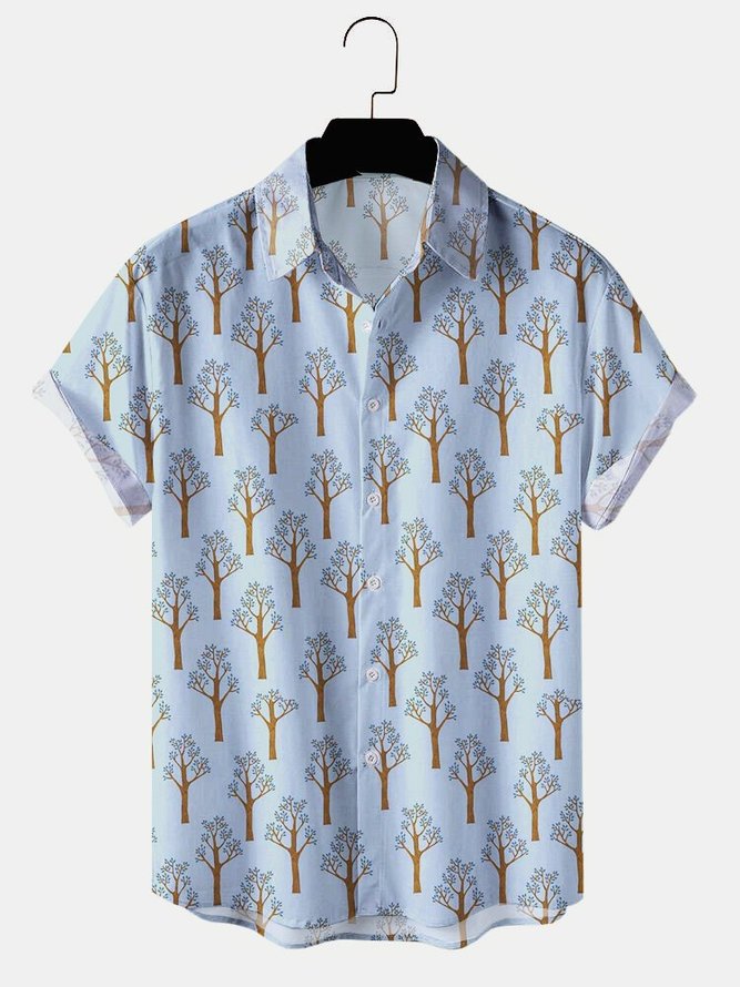 Mens Tree Print Lapel Casual Loose Short Sleeve Hawaiian Shirt