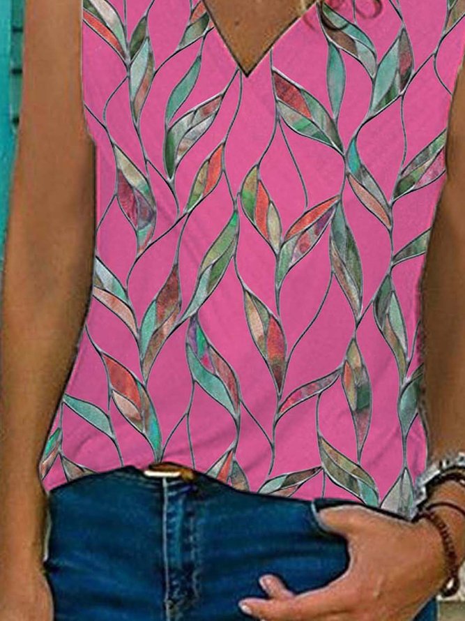 Leaves Sleeveless  Printed  Cotton-blend V neck  Holiday Summer Pink Top