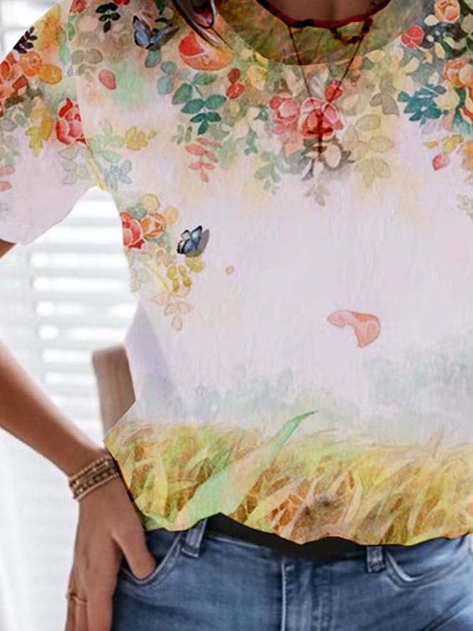 Floral Short Sleeve Printed Cotton-blend  Crew Neck  Holiday Summer Yellow Top
