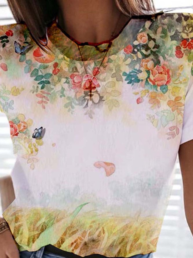 Floral Short Sleeve Printed Cotton-blend  Crew Neck  Holiday Summer Yellow Top