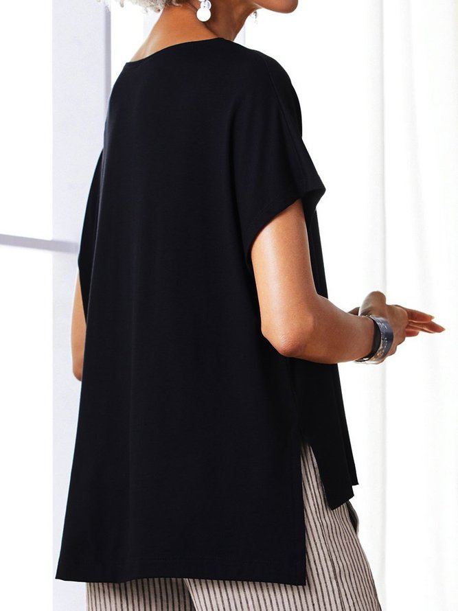 Slit Short Sleeve Simple & Basic High Low T-shirt