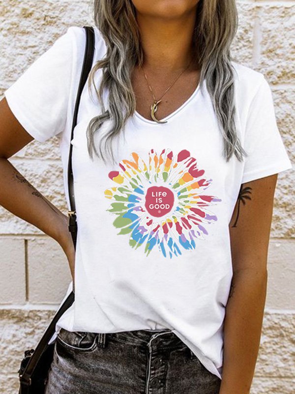 Floral-print V neck Short Sleeve Casual T-shirt