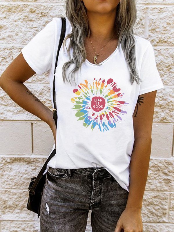 Floral-print V neck Short Sleeve Casual T-shirt