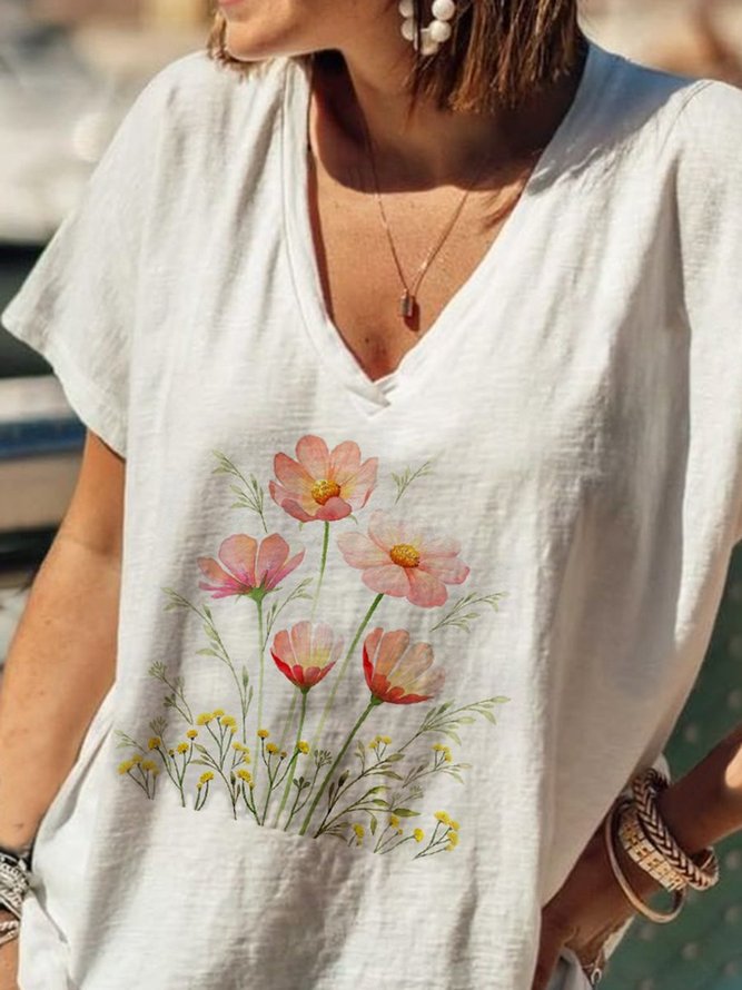 Casual Floral Short Sleeve V Neck T-shirt