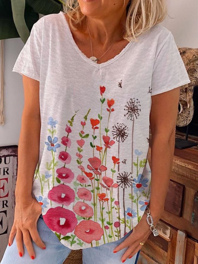 V Neck Cotton Casual Printed T-shirt