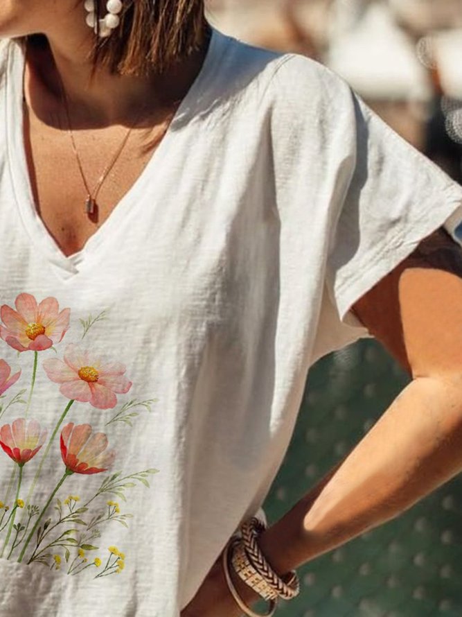 Casual Floral Short Sleeve V Neck T-shirt