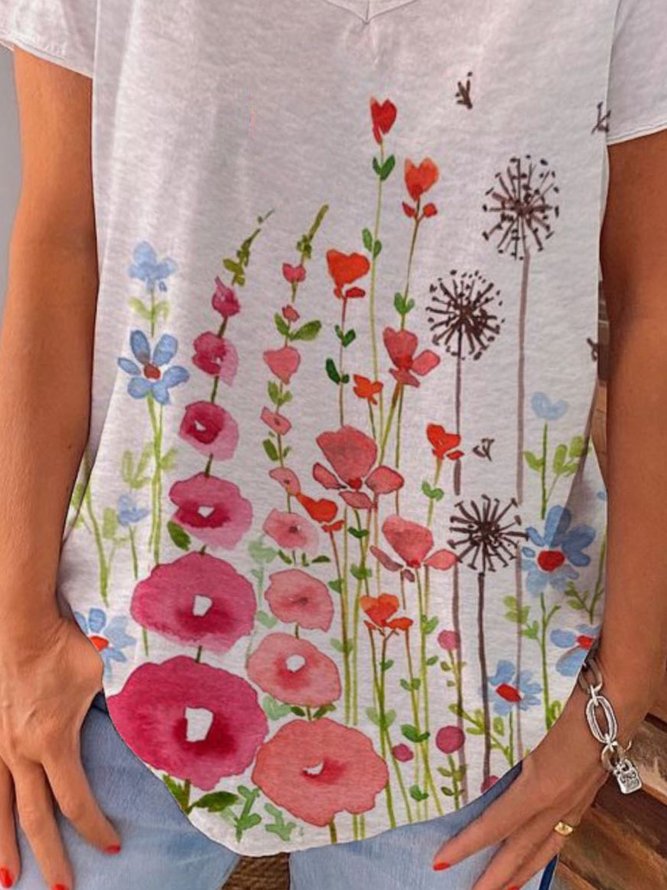 V Neck Cotton Casual Printed T-shirt