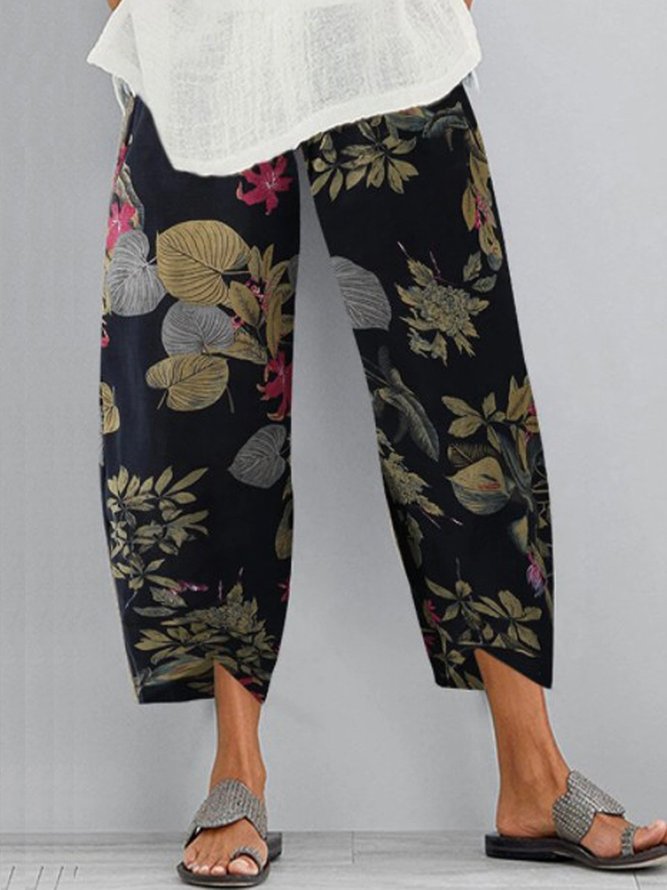 Vintage Floral Printed Plus Size Pockets Casual Pants