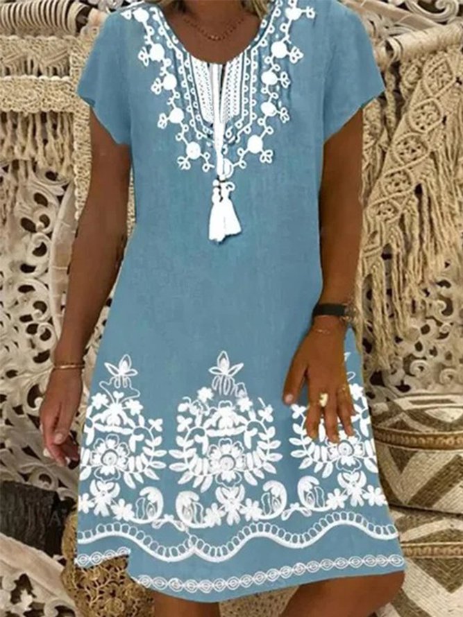 Vintage Short Sleeve Geometric Floral Printed Casual Knitting Dress