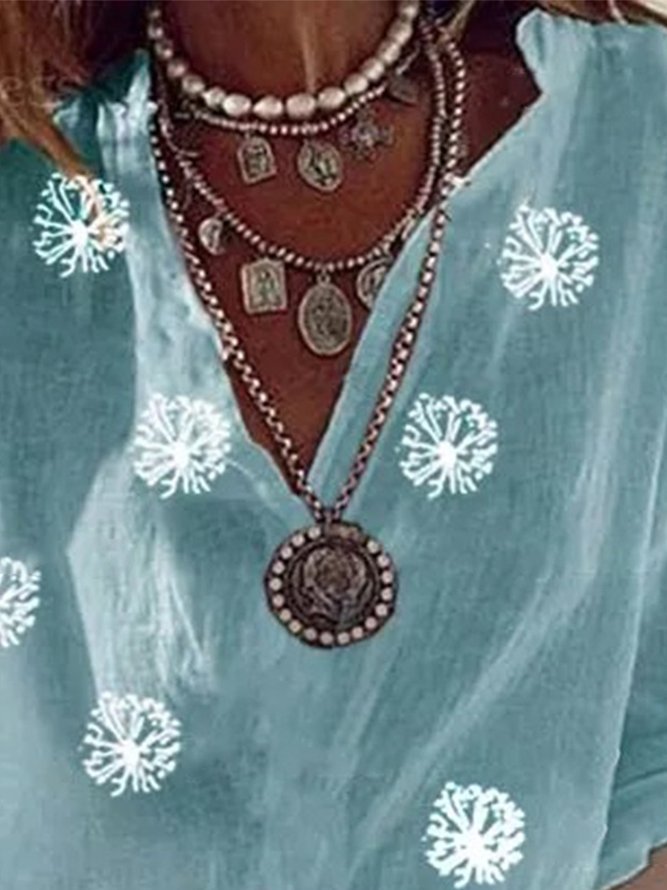 Vintage V Neck Dandelion Printed Casual Top