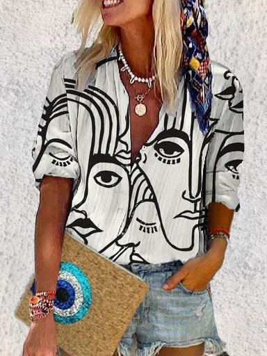 Abstract Long Sleeve Shift Casual Blouse