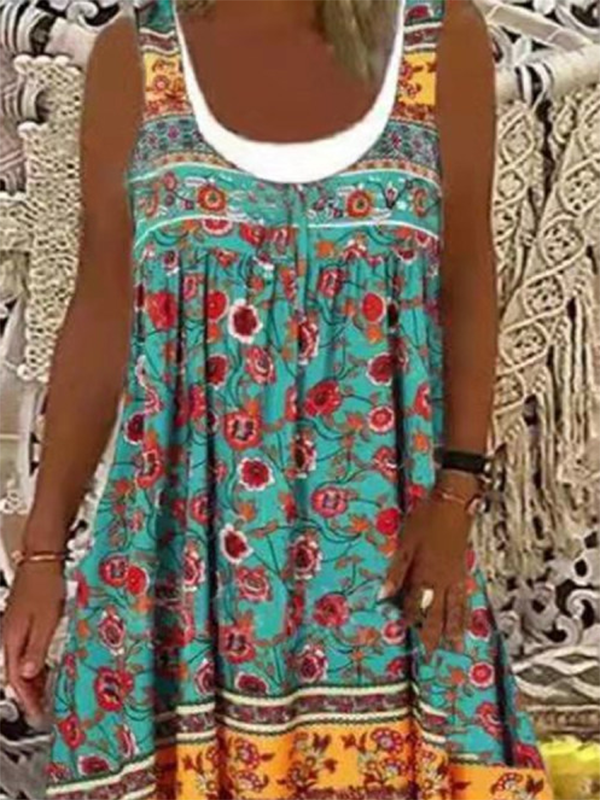 Women Boho Round Neck Floral-Print Sleeveless Mini Dresses(Contains lining)