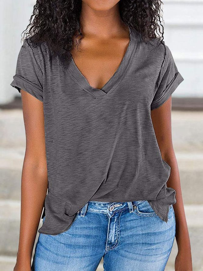 V Neck Cotton-Blend Short Sleeve Vintage T-shirt