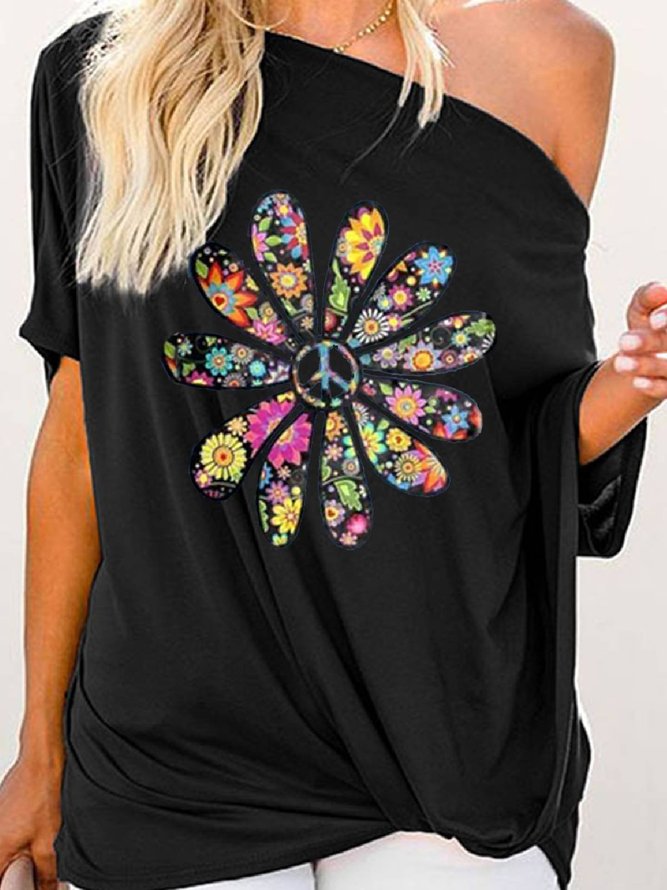 Floral-Print Short Sleeve One Shoulder Casual T-shirt