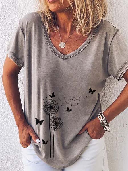 Short Sleeve Printed Casual V Neck T-shirt