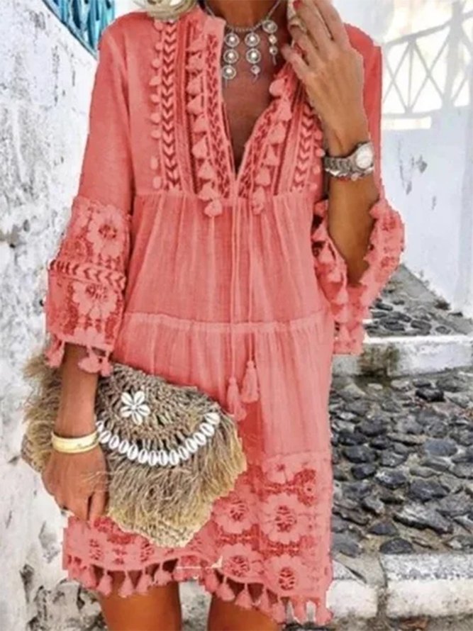 Women 3/4 Sleeve V Neck Holiday Boho Dresses zolucky