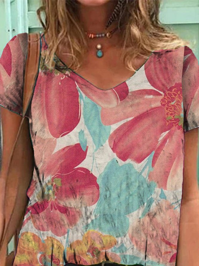 Romantic Floral Cotton-Blend Holiday V Neck T-shirt