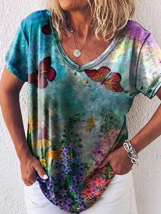 Shift Color-Block Short Sleeve V Neck T-shirt
