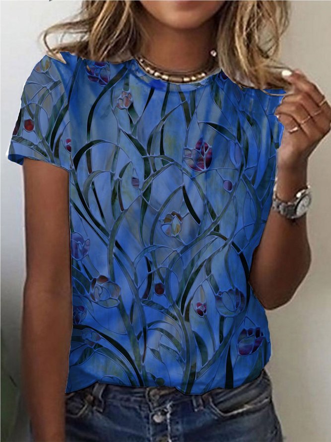 Women Casual Floral Plant Round Neck Short Sleeve T-Shirts