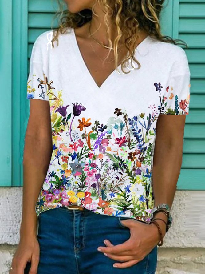 Floral  Short Sleeve  Printed  Cotton-blend  V neck  Casual  Summer  White Top