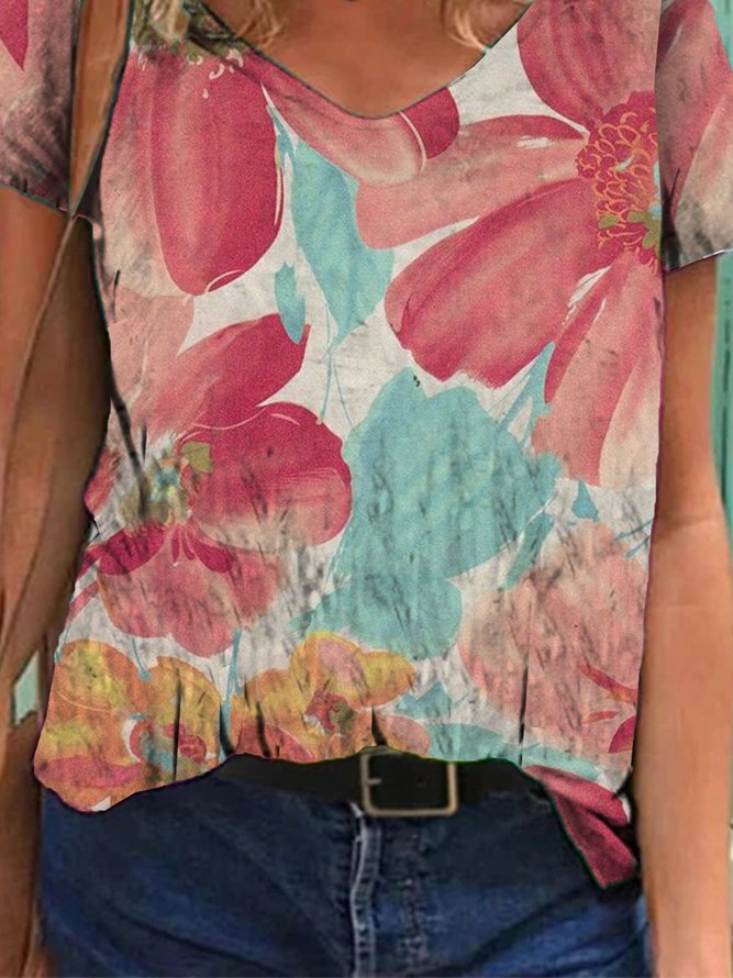 Romantic Floral Cotton-Blend Holiday V Neck T-shirt