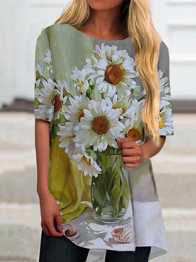 Casual Short Sleeve Crew Neck Floral Top