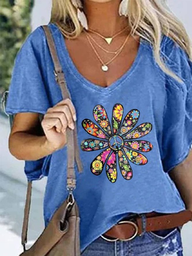 Cotton-Blend Casual Floral T-shirt